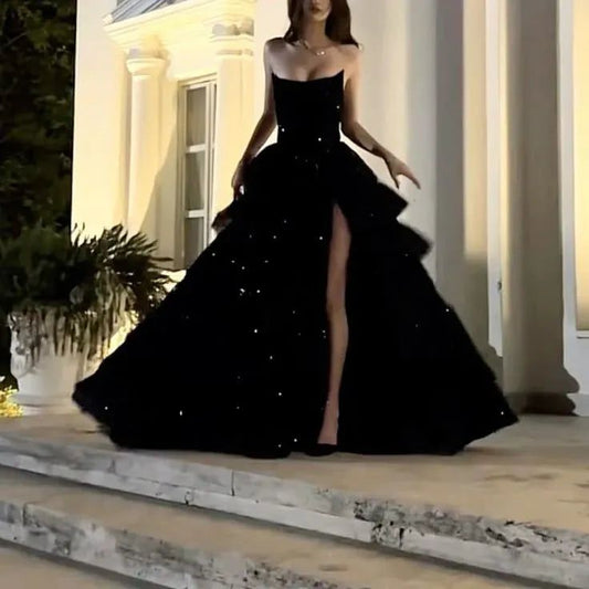 Magnifique robe de bal noire fendue, sans bretelles, à lacets et coupe trapèze, longueur au sol - Vestidos Evening Gowns AB487