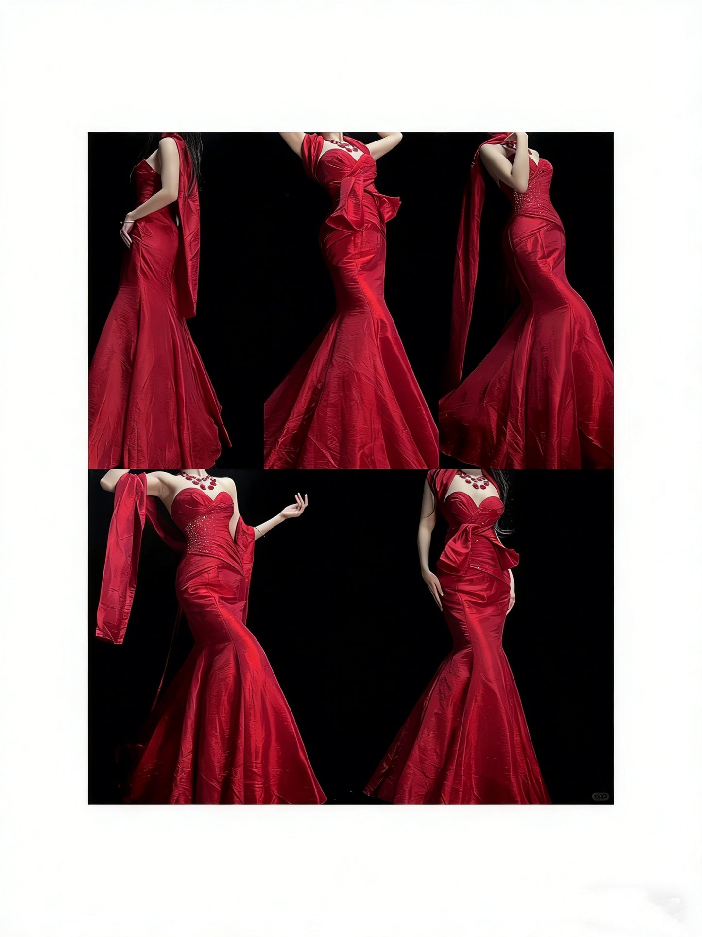 Elegantes, bodenlanges Meerjungfrauen-Abendkleid aus rotem Satin mit Perlenstickerei, Raffungen und Meerjungfrauen-Ausschnitt (N1197)