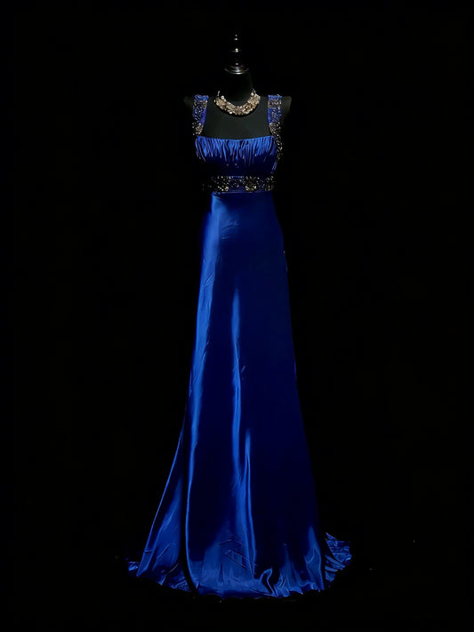 Modest A line Square Neck Royal Blue Satin With Beaded Bodice College Formal Outfit Long Prom Graduation Dresses For Teens N1198