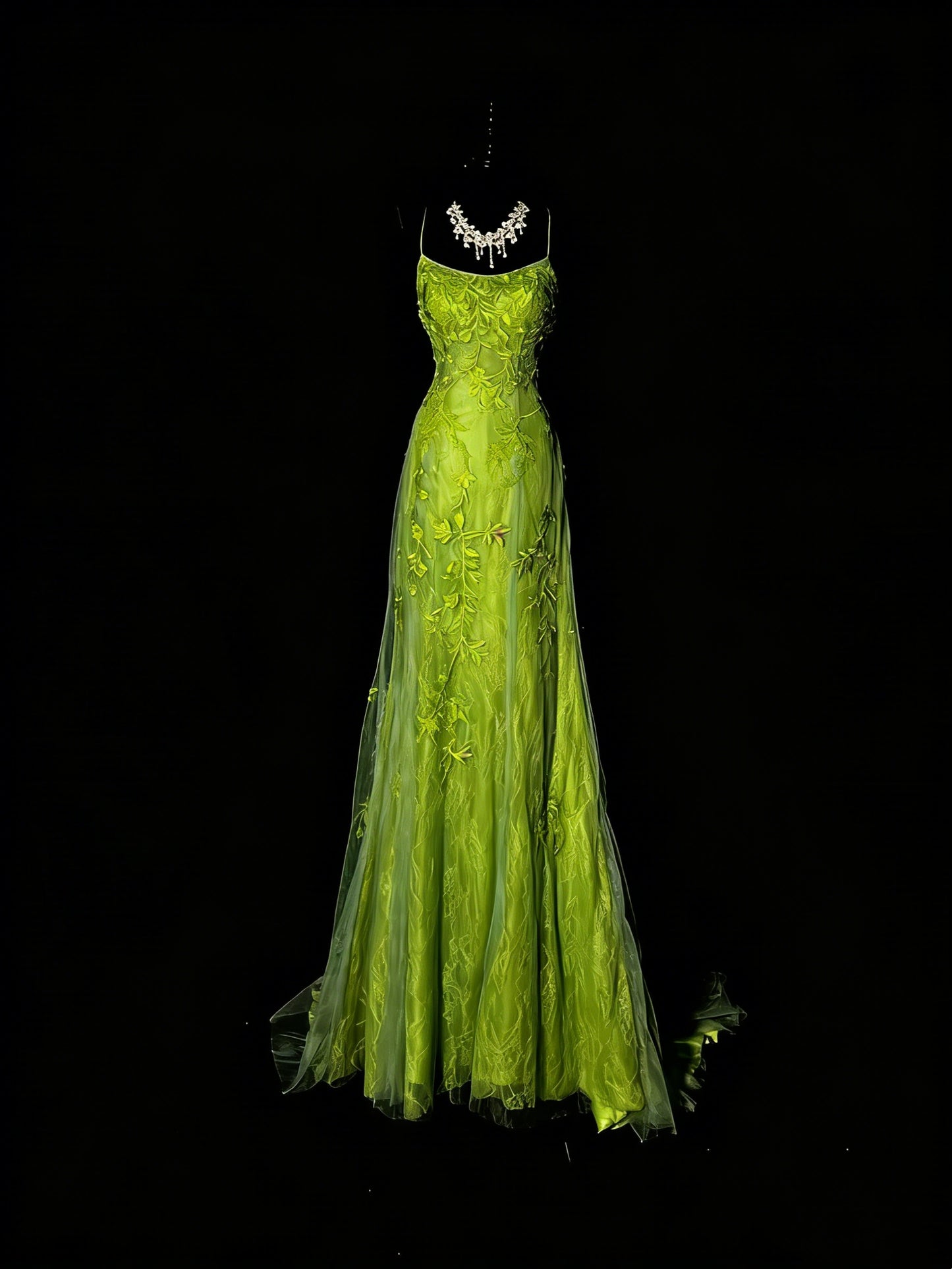 Atemberaubendes Meerjungfrauen-Abendkleid mit Spaghettiträgern aus grünem Tüll und Spitze, formelles Abendkleid N989