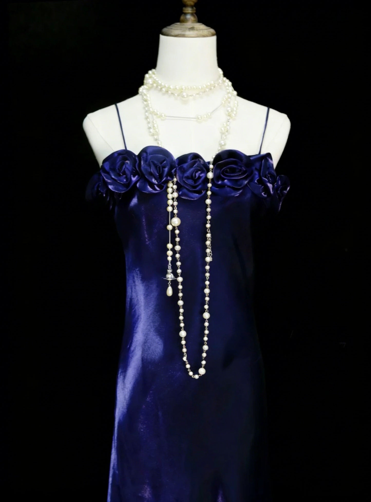 Vintage A-Linien-Abendkleid mit Spaghettiträgern, königsblau mit 3D-Blumen, ärmellos, 80er-Jahre-Stil, langes formelles Abendkleid N1456
