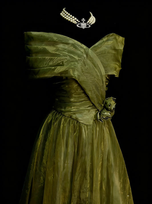 Vintage Prom Dresses Aesthetic Ball Gown Off The Shoulder Olive Green Short Inspo Formal Party Gowns N1826