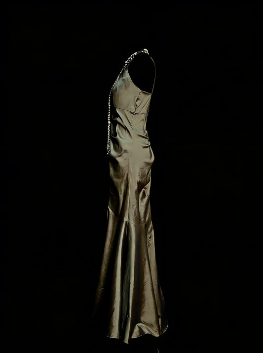 Vintage Prom Dresses Aesthetic Mermaid High Neck Olive Green Long Inspo Formal Party Gowns N1827