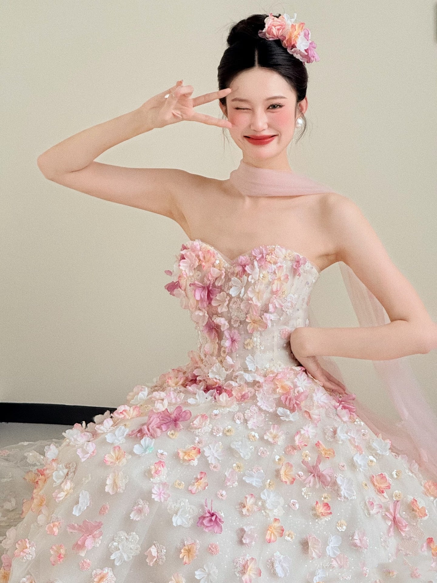 Robe de bal mignonne en tulle à fleurs roses, décolleté en cœur, longue, pour Quinceanera, Sweet 15/16, RA085