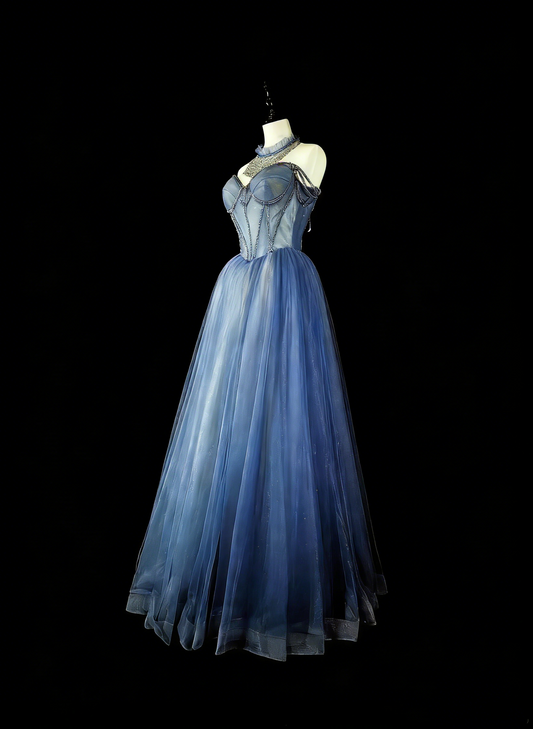 Vintage Prom Dresses Aesthetic 1950s Retro A Line Spaghetti Strap Blue Tulle Long Party Dress N2369