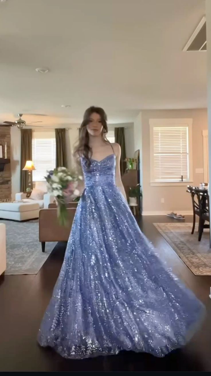 Elegant A Line Spaghetti Straps Blue Sequins Long Prom Dresses Formal Teens Party Dress Vestidos De Dia AB592