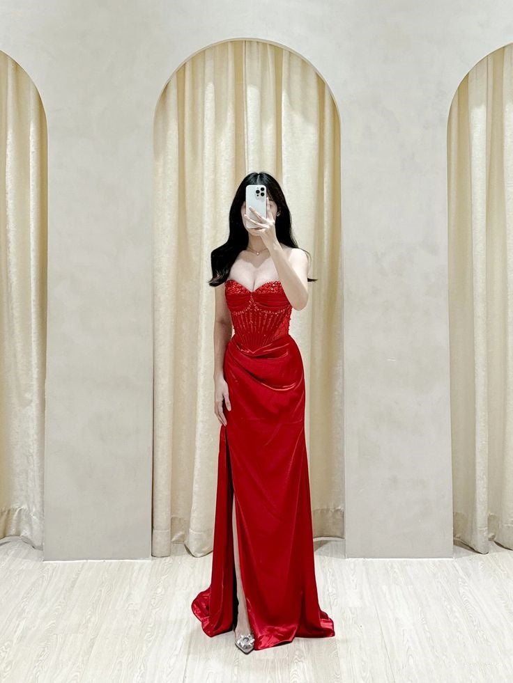Elegantes, langes, formelles Meerjungfrauen-Abendkleid mit herzförmigem Ausschnitt, pinkfarbenem Satin und Schlitz, AB2191
