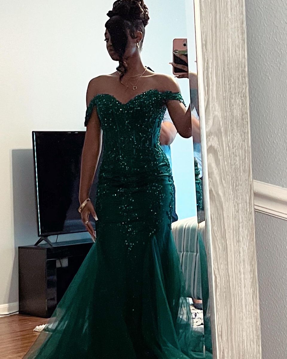 Robe de soirée sirène à paillettes, épaules dénudées, en tulle vert foncé, longue et élégante, idéale pour un bal de promo ou un dîner chic. Robe de fête pour adolescentes AB2194