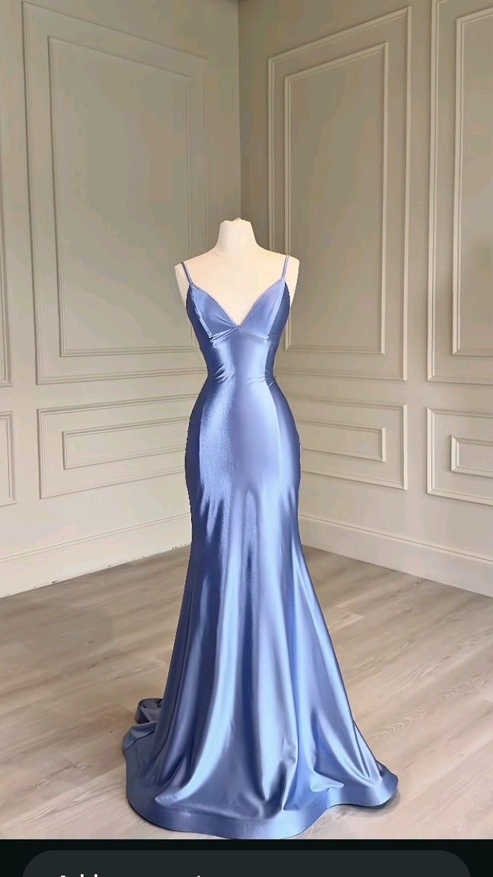 Robe de bal élégante sirène à fines bretelles en satin bleu ciel clair, référence N1866