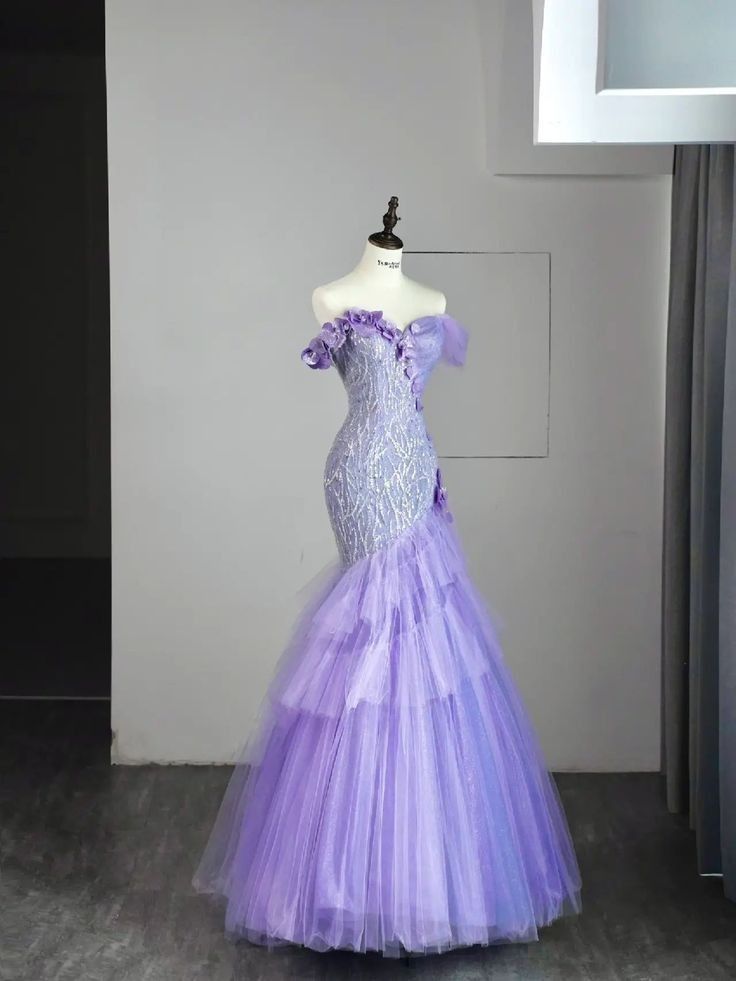 Elegantes Meerjungfrauen-Abendkleid aus lila Tüll mit schulterfreiem Schnitt – perfekt für Teenager und Mädchen, geeignet für festliche Anlässe wie Abschlussball, Dinnerpartys und andere festliche Anlässe (AB2164)