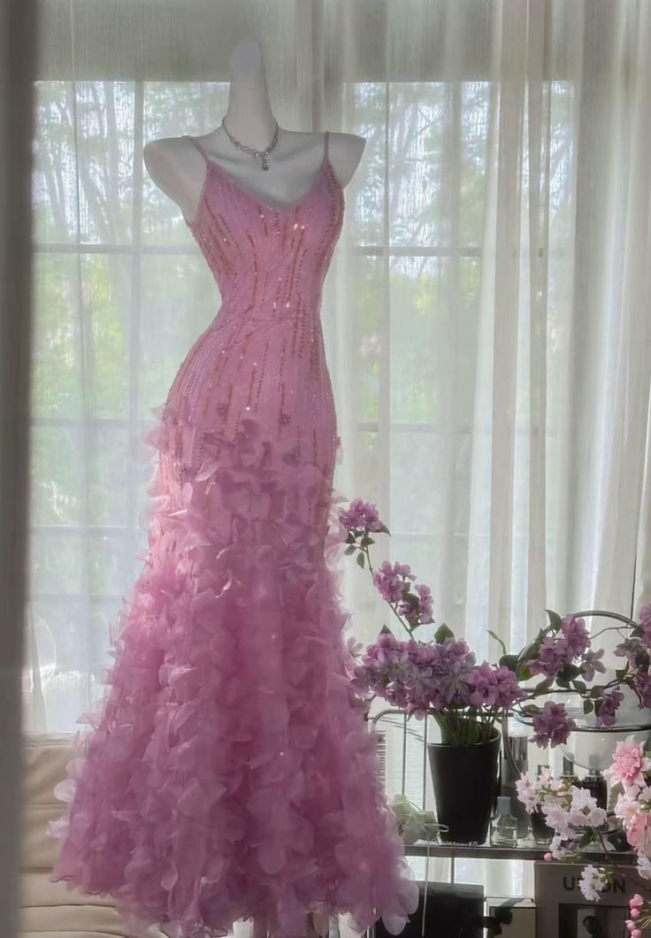 Unique Mermaid Spaghetti Straps Rose Pink Chiffon Layers Teens Long Evening Dresses Prom Dress AB599