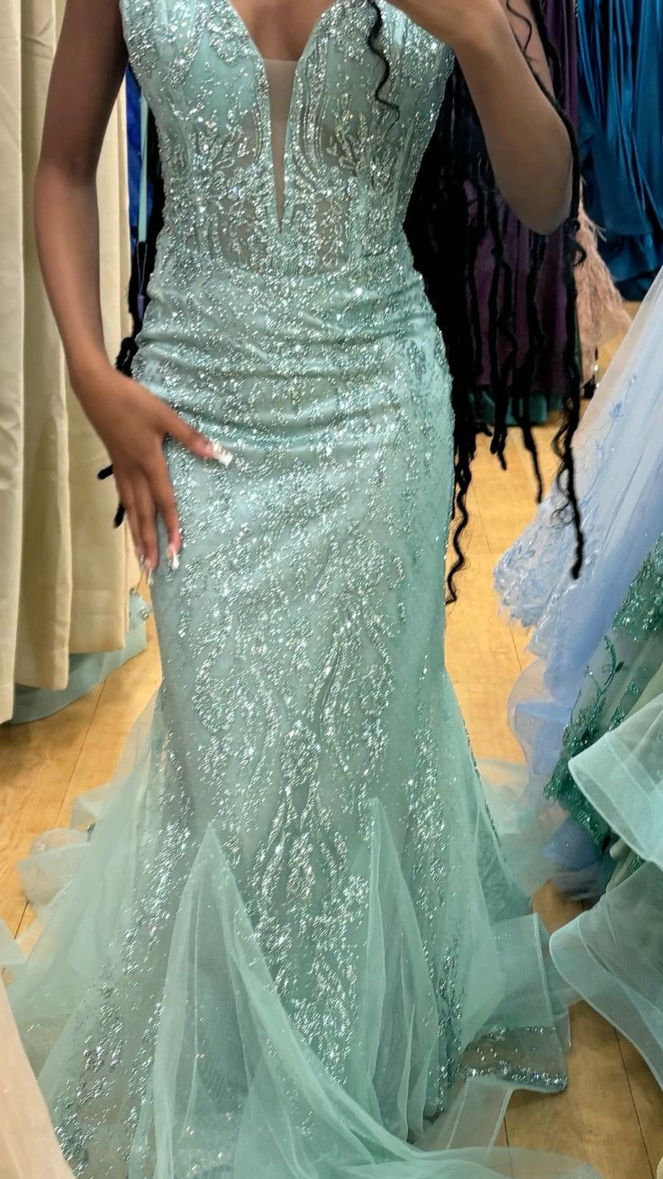Elegant Mermaid Spaghetti Strap Mint Green Sequined Evening Women Party Dresses Long Formal Prom Dress 18th Birthday Gown AB1247