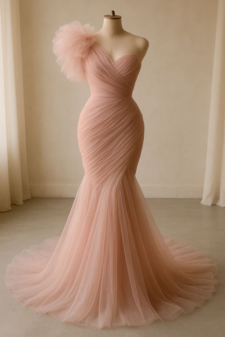 Sexy Meerjungfrauen-Abendkleid aus rosafarbenem Tüll mit One-Shoulder-Schulter für Damen – langes, formelles Ballkleid oder Kleid zum 21. Geburtstag AB1313