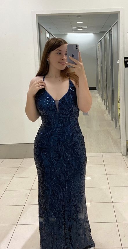 Robe de bal sirène bleu marine, dos nu esthétique, robe de bal longue bleu nuit, inspiration robe de soirée formelle bleu foncé AB728