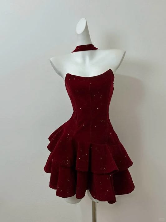 Élégante Robe de Bal bustier bordeaux pailletée velours, Robe de Soirée Courte Mini Robes de 18ème Anniversaire Tenues Hoco RB3501