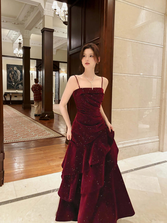 Sexy Mermaid Spaghetti Strap Burgundy Satin Long Prom Dresses Formal Gown Inspo Evening Outfits AB828