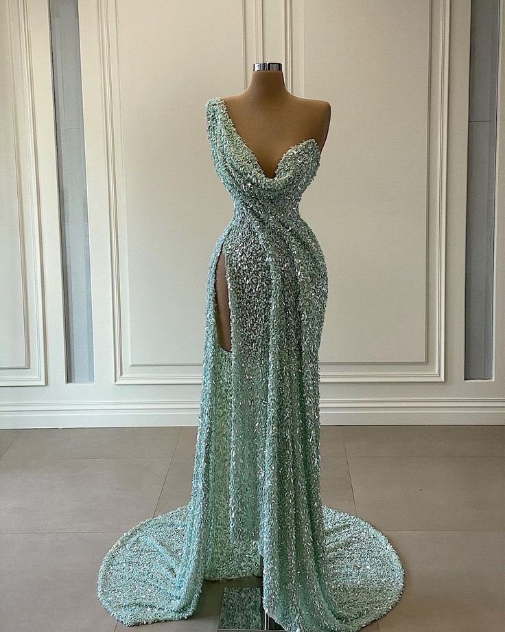 Robe de bal sirène élégante à une épaule, robe de soirée longue vert menthe à sequins avec fente, AB761