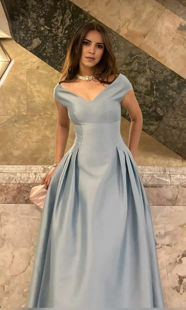 Robe de soirée longue chic en satin bleu clair plissée, col V, coupe trapèze, sans manches, AB1884