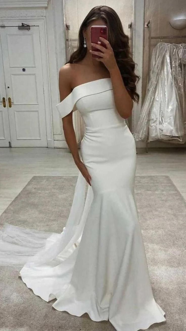 Robe de mariée sirène modeste à épaules dénudées, corset ajusté, en satin blanc, longue, AB068