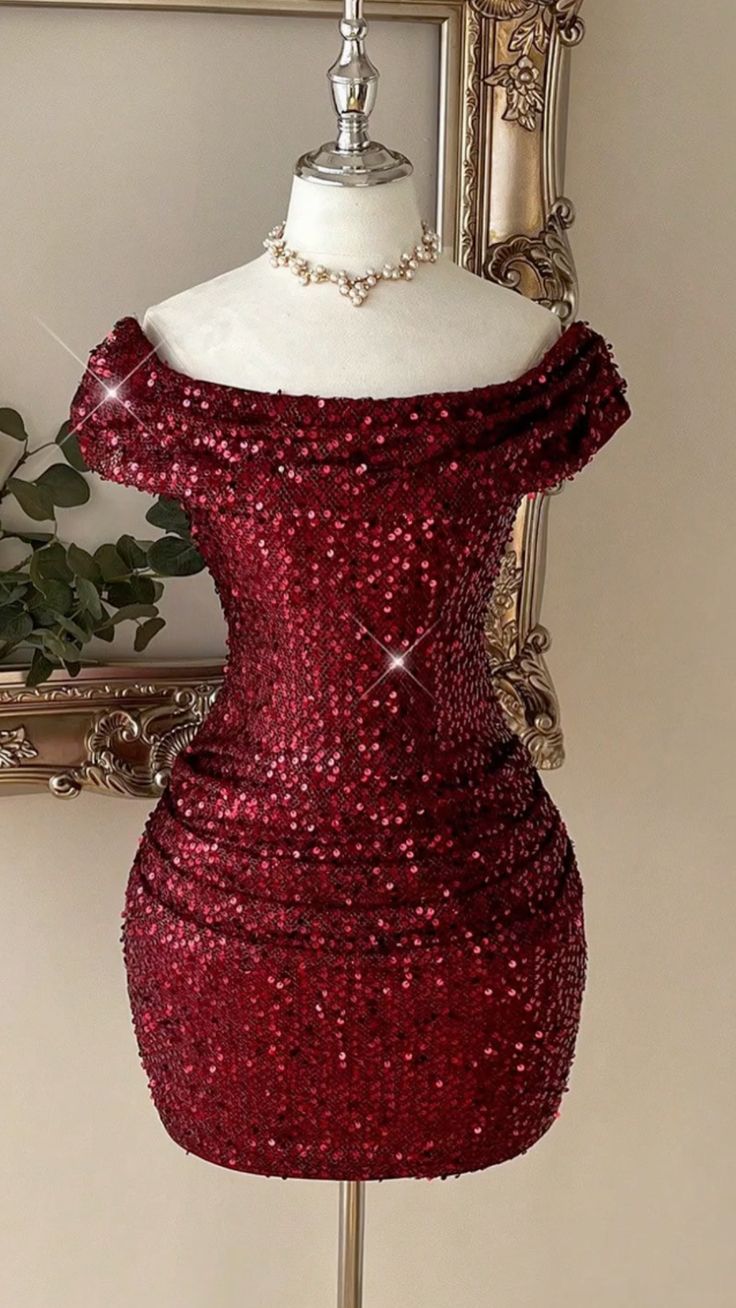 sparkly party dress, glitz and glam, mini dress, ruffled, glittery, strapless Sheath Off the shoulder Burgundy Hoco Dress Homecoming Dresses RB4211