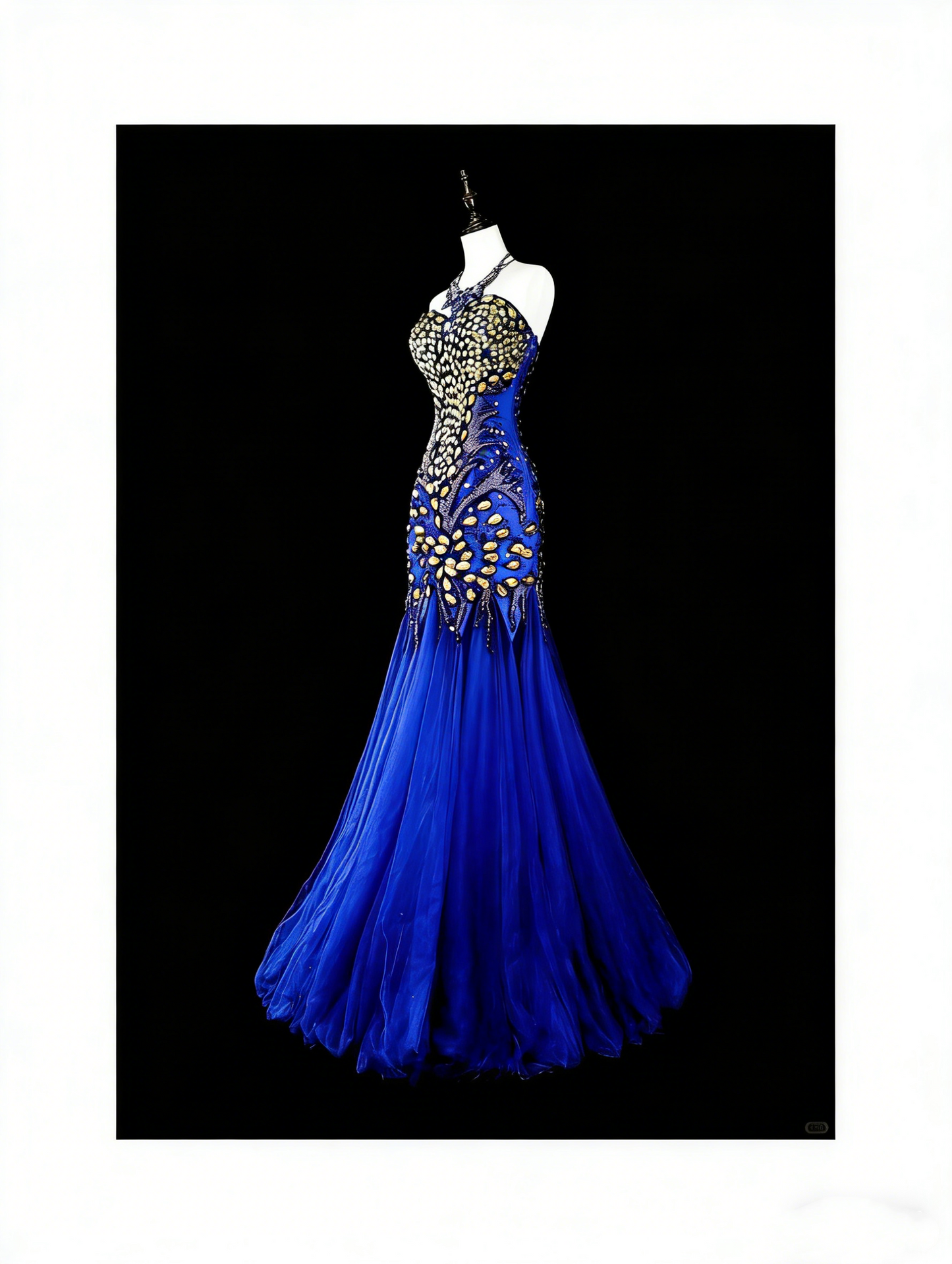 Robe de bal longue vintage sirène bleu royal en tulle, coupe cœur, années 70, référence N1833