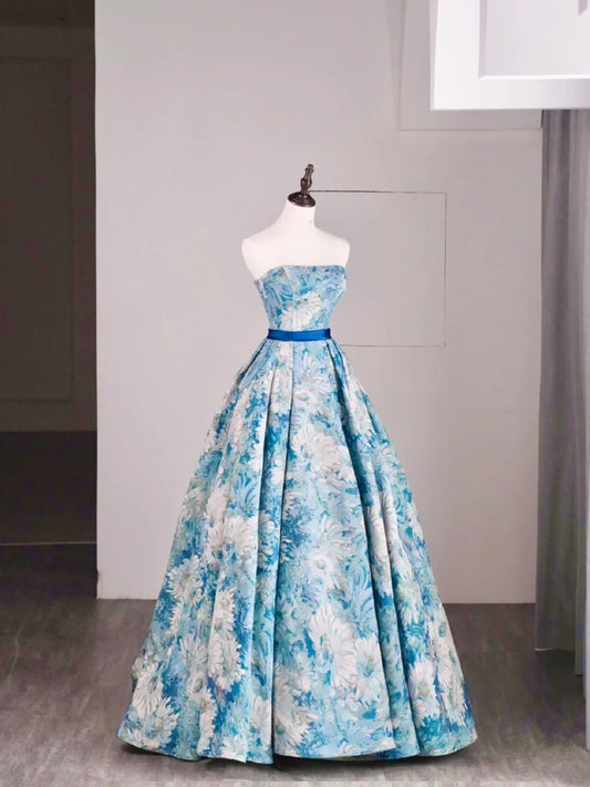 Magnifique robe de bal bustier bleue en satin à fleurs, longue, pour les soirées formelles - Inspiration tenue N241