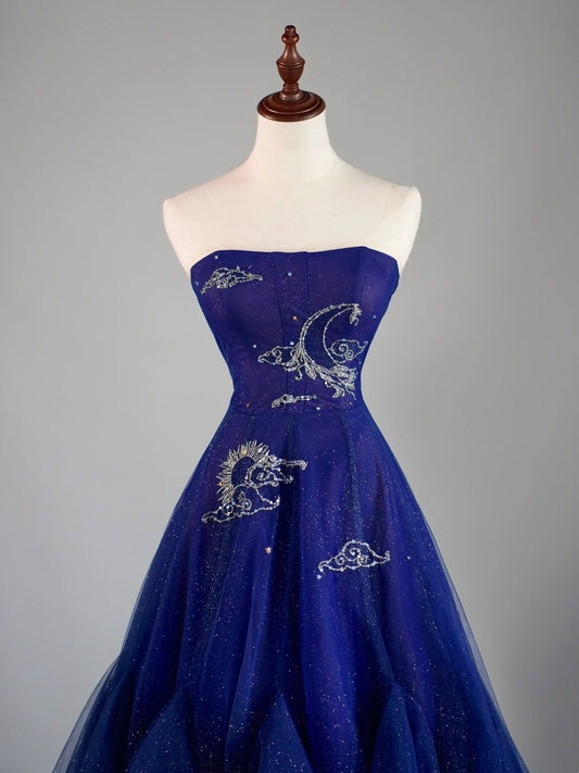 Robes de bal longues en tulle bleu roi sans bretelles modestes en ligne A pour femmes Robes de soirée formelles AB171