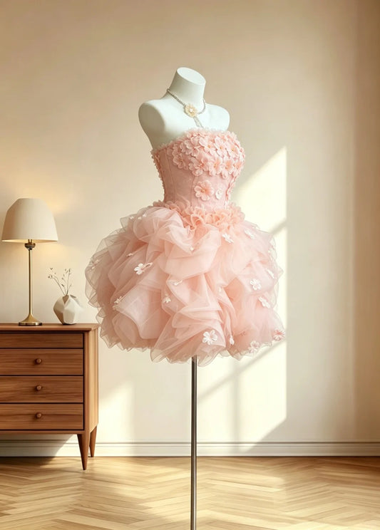 Fairy Ball Gown Strapless With 3D Flowers Sleeveless Blush Pink Mini Senior Inspo Short Homecoming Dresses RB3068