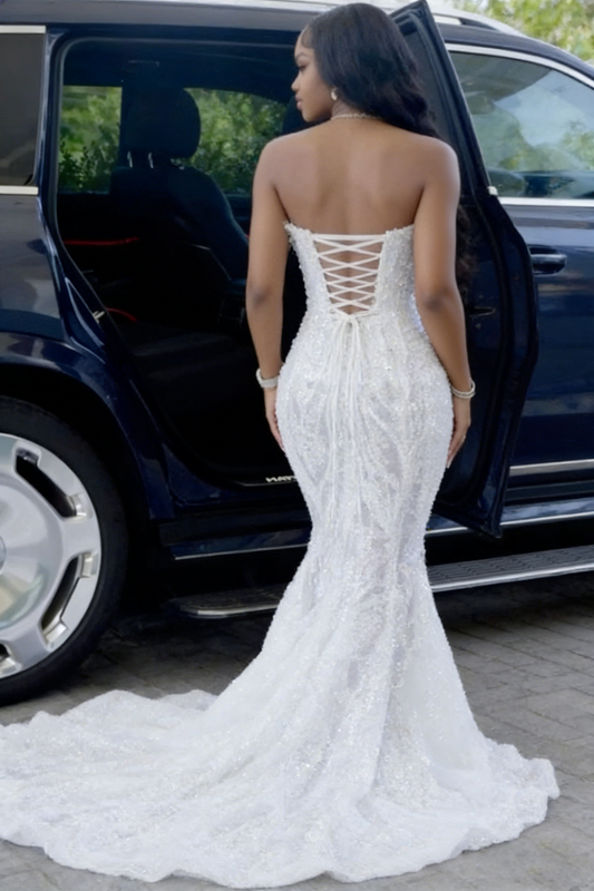 Dazzling Strapless White Sequin Mermaid Prom Dresses Column Long With Beads AB962