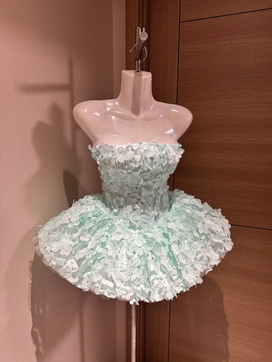 Cute Ball Gown Strapless Mint Green 3D Flowers Short Night In Rio Inspo Hoco Dress Ideas Homecoming Dresses RB4039