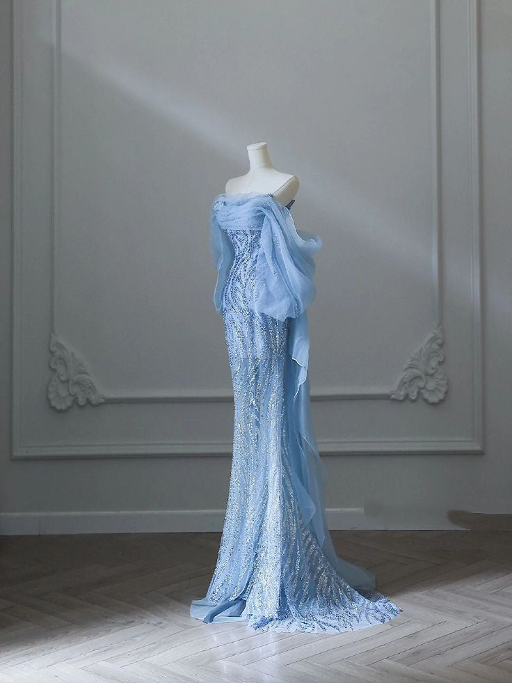 Robe de soirée longue sirène sexy à épaules dénudées et sequins bleus AB1684