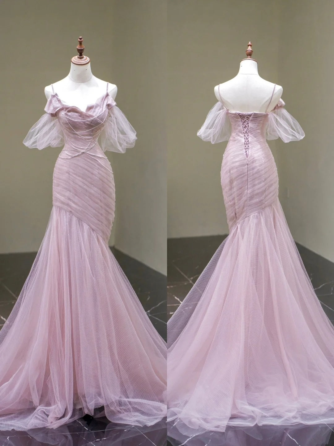 Robe de bal longue rose sirène sans manches à fines bretelles et tulle, style modeste, pour femmes et jeunes filles, N669