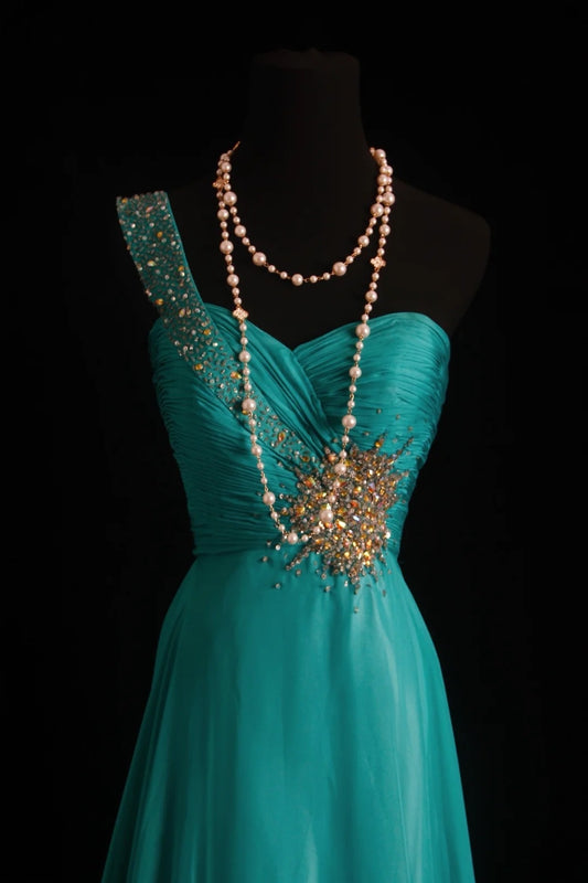 Vintage Prom Dresses A line One Shoulder Green Sleeveless With Beaded 80s Chiffon Evening Formal Dress RB3266