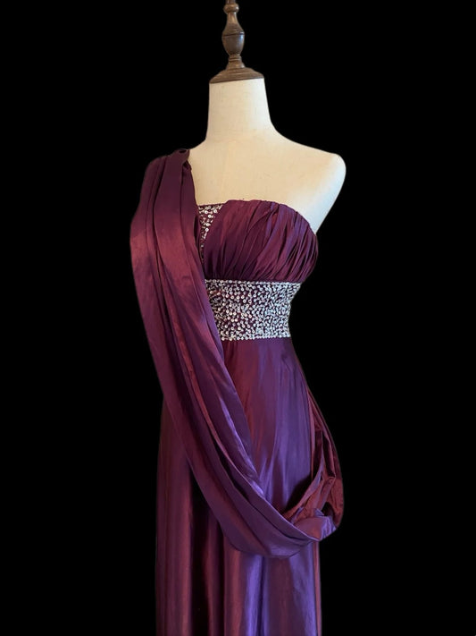Vintage A line Strapless Purple With Beads Satin Prom Dresses Inspo Evening Outfits RB4025