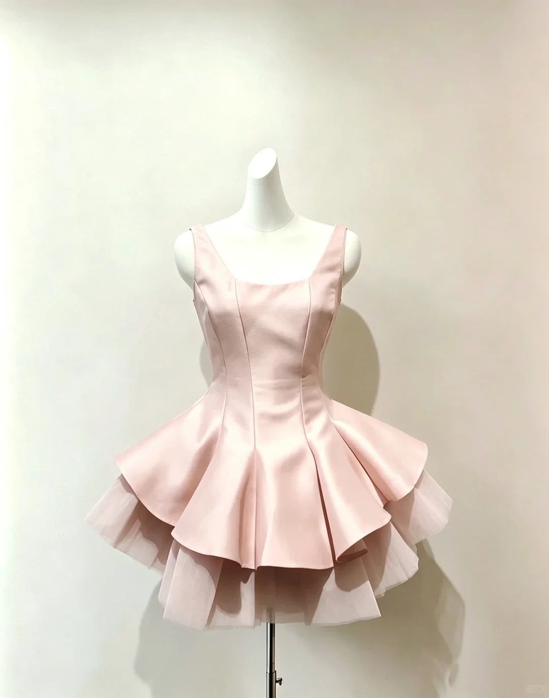 Classy Ball Gown Square Neck Pink Satin Night Short Graduation Dress Inspo Senior Homecoming Outfits RB4856