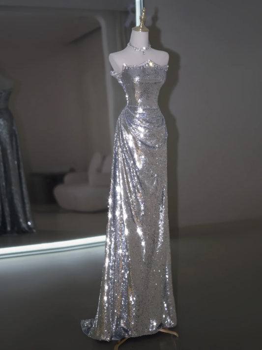 Glitter Mermaid Strapless Silver Sequin Long Prom Dresses Impress 19th Birthday Outfits Prom Gown N239