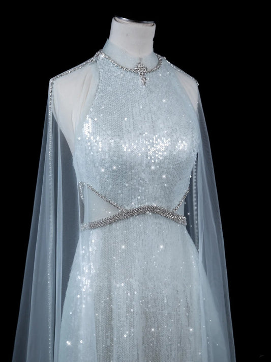 Elegnt A line High Neck Light Sky Blue Sequined Long Prom Dress Fashion Aesthetic High School Formal Dresses Party Outfits Gown N688