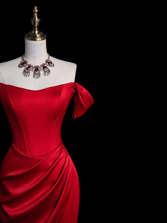 Chic Sheath Off The Shoulder Red Satin Slit Senior Prom dresses High School Long Formal Dress N1271