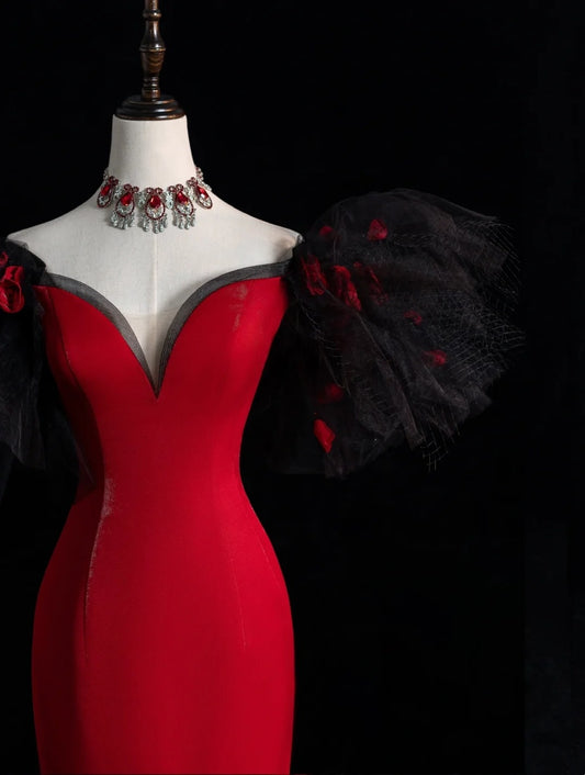 Elegantes, schulterfreies, rotes Satinkleid mit Ärmeln in Meerjungfrauen-Länge – Inspiration für lange Ballkleider N1217