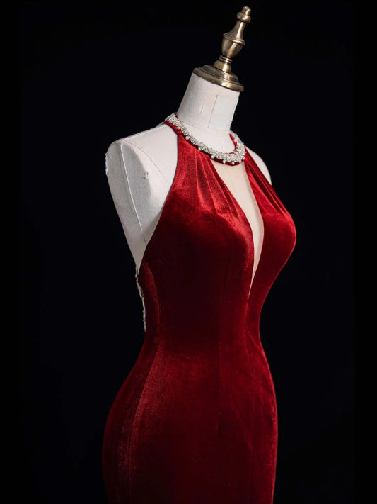 Robe de bal sirène époustouflante en velours bordeaux à col rond et pompons, inspiration robe de soirée, robe de princesse pour remise de diplôme N1082