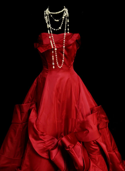 Retro Ball Gown Strapless Red 60s Prom Dresses Fashion Evening Gowns Long Formal Party Dress N831