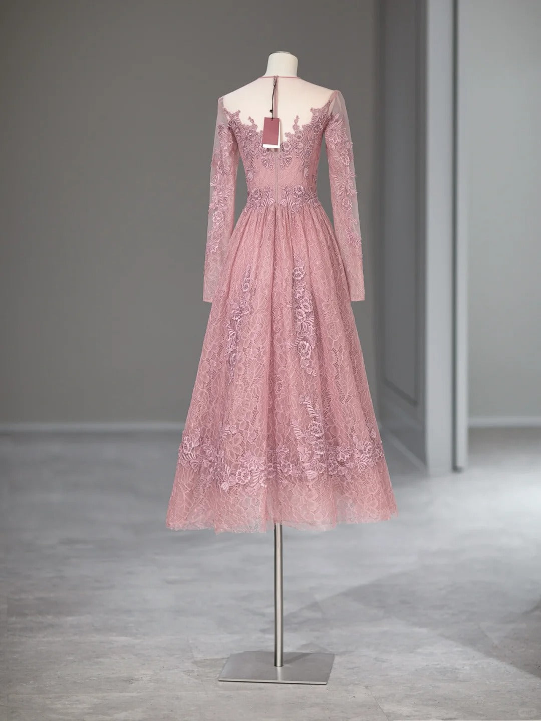 Elegant A line Scoop Pink With Long Sleeves Tea Length Prom Dresses Inspo Evening Outfits RB4002