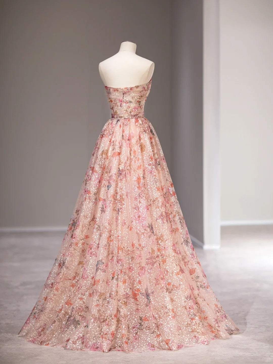 Sweet A line Sweetheart Pink Floral Tulle Sleeveless Long Prom Dresses Formal Outfits RB3987