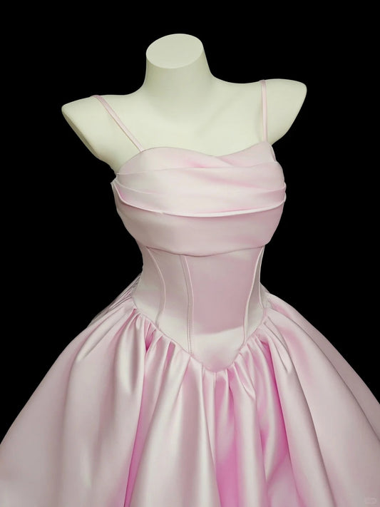 Romantic Ball Gown Spaghetti Strap Pink Satin Senior Short Graduation High School Homecoming Dresses N4505