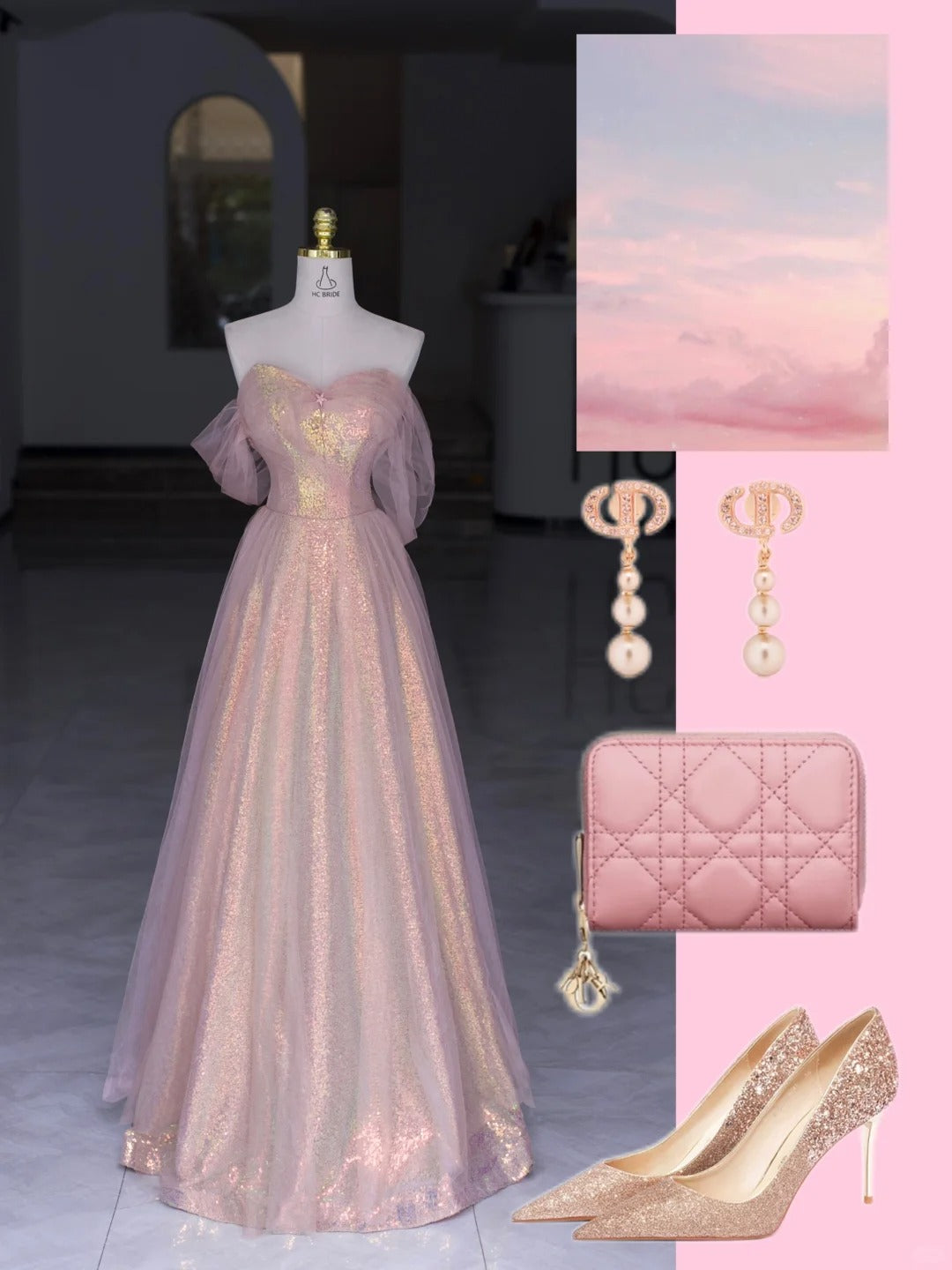 Robes de bal modestes A ligne épaules dénudées en tulle rose avec manches longues robe de soirée N2982
