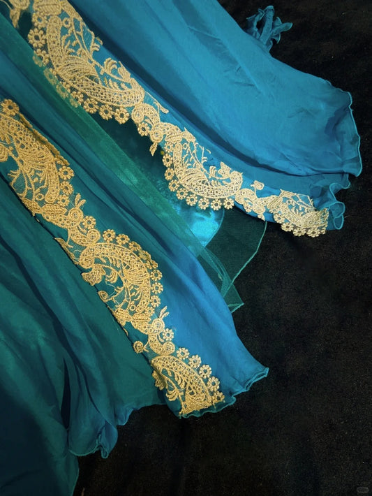 Vintage Prom Dresses Spaghetti Strap A Line Blue Chiffon With Gold Lace Long Formal Evening Outfits N3864