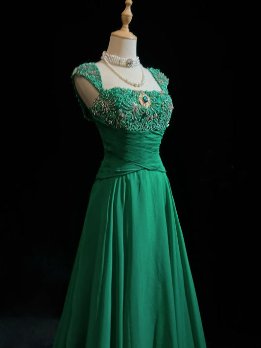 Vintage Prom Aesthetic Dresses A line Strapless Green Chiffon With Beading Long Formal Dress N3027
