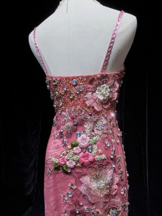 Wunderschöne Abschlussballkleider Meerjungfrau Spaghetti-Träger Pink mit Blumenperlen Lange Abendgarderobe N3318