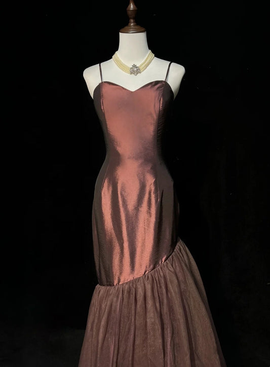Vintage Prom Dresses Mermaid Spaghetti Strap Floor Length Brown Tulle Formal Party Dress N2532