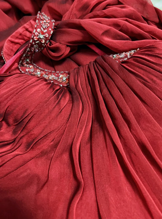 Elegant Prom Dresses A line Jewel Neck Burgundy Chiffon With Cape Beaded Sleeveless Long Formal Gown N2885